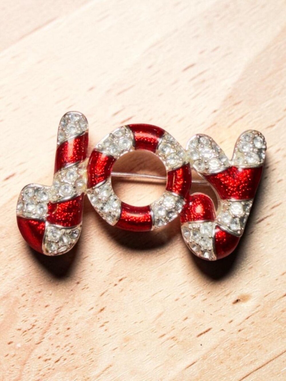 Liz Claiborne Candy Cane Brooch Red Enamel Rhinestone Holiday Pin 2”